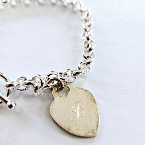 Sterling Silver Signed 925 OTO Toggle Clasp Monogramed "B" Heart Charm Bracelet - Picture 5 of 7